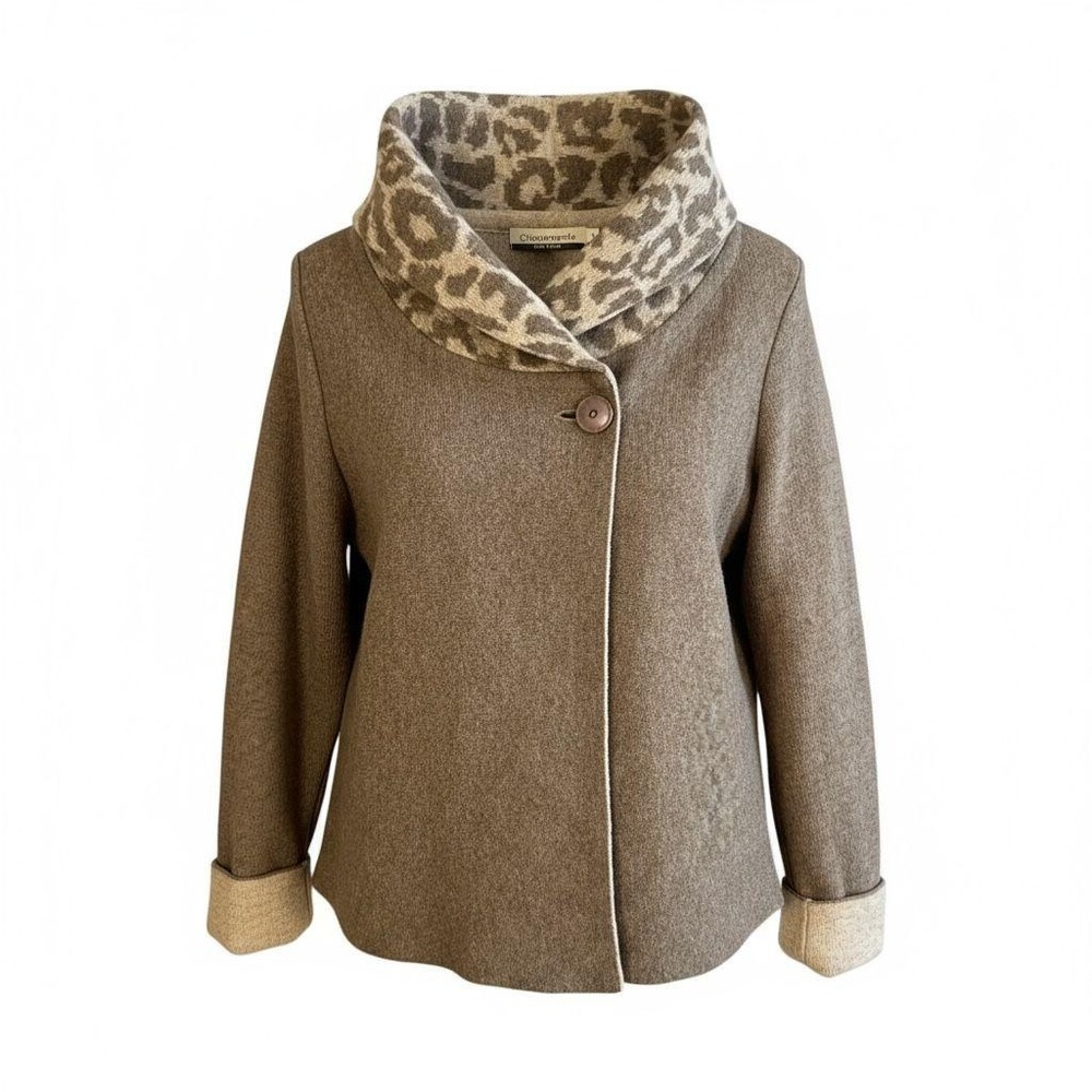 Chiaramente Sweater Womens Large Shawl Collar Leopard Cardigan‎ Made in Italy